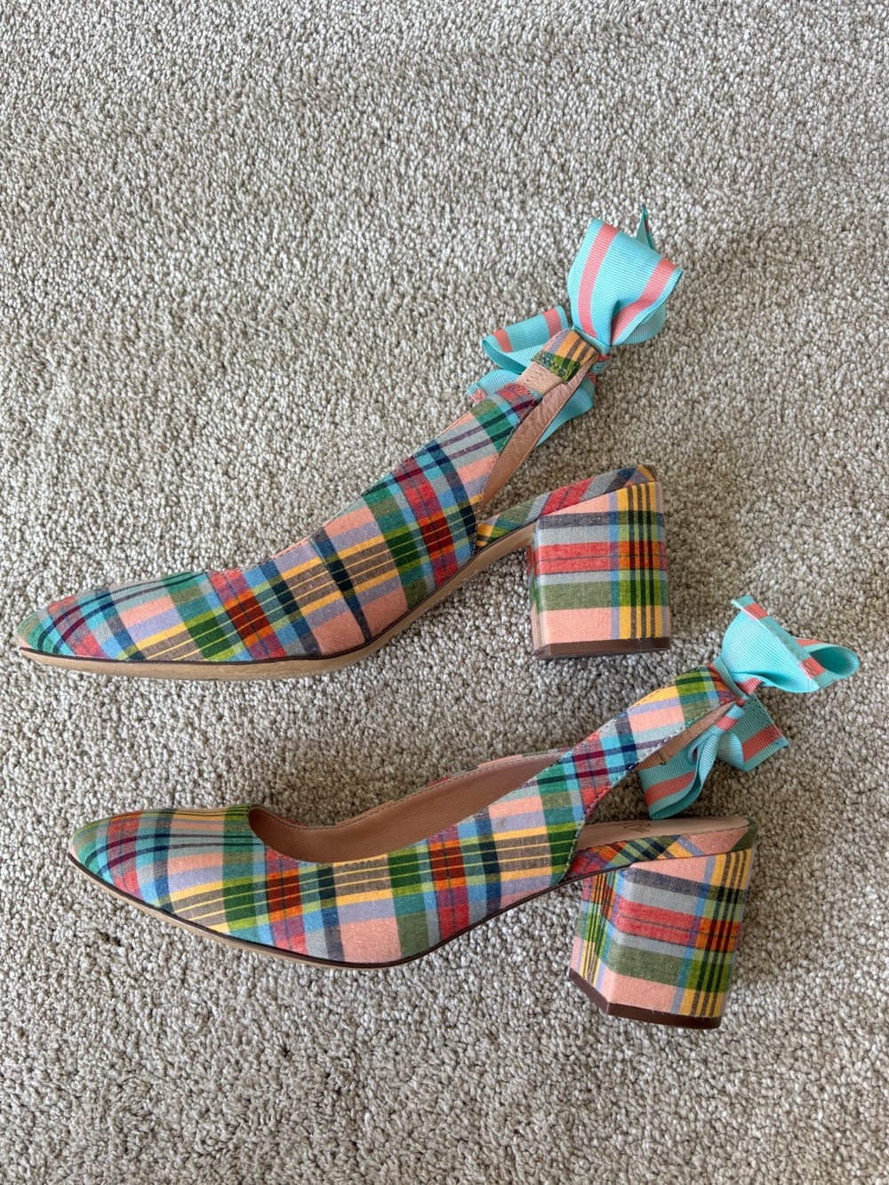 J. Crew Bow-Back Slingback Pumps Pastel Ribbon Plaid Block Heel Preppy Coquette - Picture 7 of 12